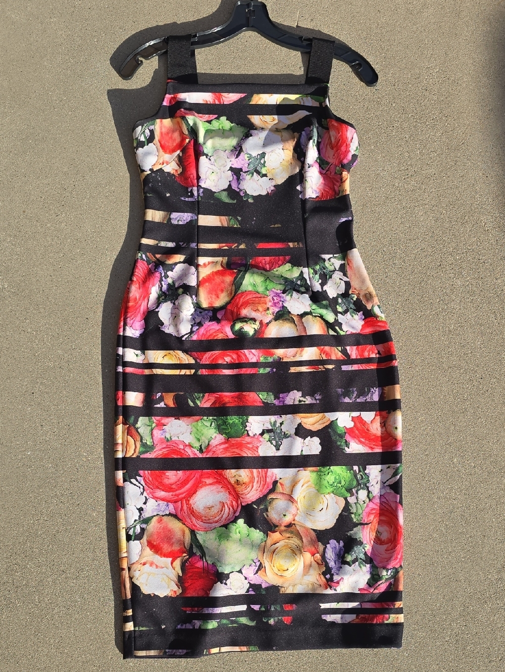 Adrianna Papell Floral Stripe Dress - Black Multi. Size 4